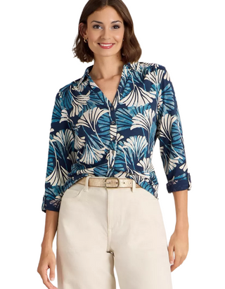 Women's Long Sleeve Annie Printed Jersey Cotton Shirt in Blue Mix