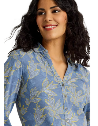 Women's Annie Leaf Printed Cotton Shirt in Blue Multi