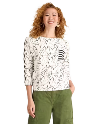 Women's Long Sleeve Demi Dolmon Cotton T-Shirt in White/Black