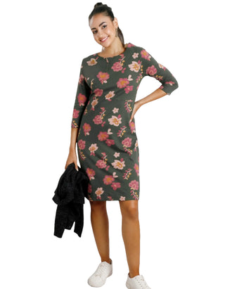 Women’s 3/4 Sleeve Printed Jersey Dress in Olive Green