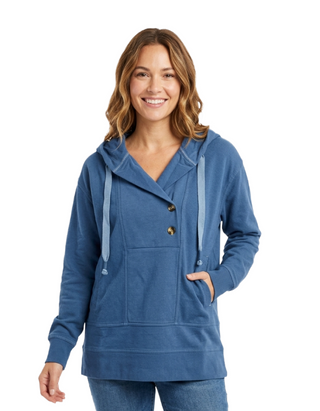 Women's Long Sleeve Textured Button-Placket Pullover Hoodie in Navy