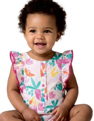 Carrement Beau Girls' Tropical Print Embroidery Flounces Playsuit in White Mix