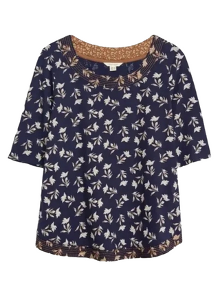 Women's Short Sleeve Embroidered Weaver Cotton Top in Navy (Imperfect)