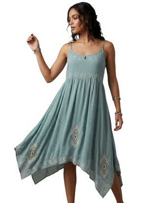 Women's Sleeveless Embroidered Hanky Hem Indigo Dress in Turquoise