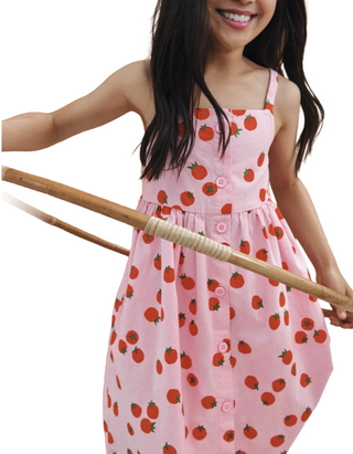 Girls Printed Sleeveless Linen Midi Dress in Pink Veggies