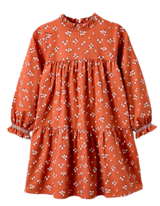 Girls' Long Sleeve  Autumn Bloom Ruffle Dress in Orange
