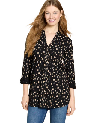 Women's Annie Longline Color Block Print Cotton Shirt in  Black Mix