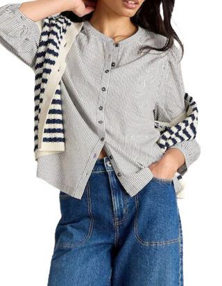 Women's 3/4th Sleeve Navy Stripe Mix Shirt in White