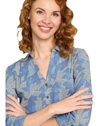 Women's Annie Leaf Printed Cotton Shirt in Blue Multi