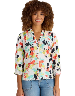Women's Long Sleeve Annie Printed Jersey Cotton Shirt in White Mix