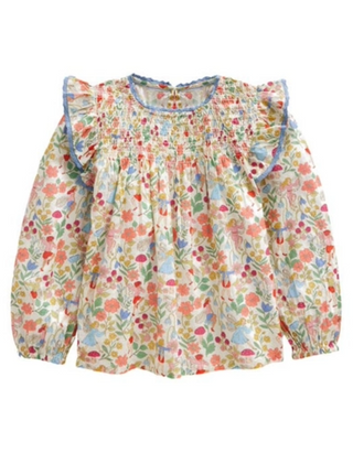 Mini Boden Girls' Long Sleeve Smocked Ruffle Blouse in Vanilla Fairies