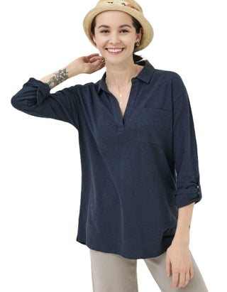 Women's Paige Jersey Long Sleeve Polo Shirt In Navy Plain