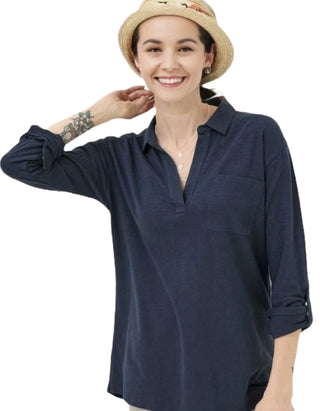 Women's Paige Jersey Long Sleeve Polo Shirt In Navy Plain