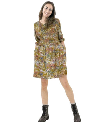 Women's Puff Sleeve Paisley Jersey Dress in Green Floral