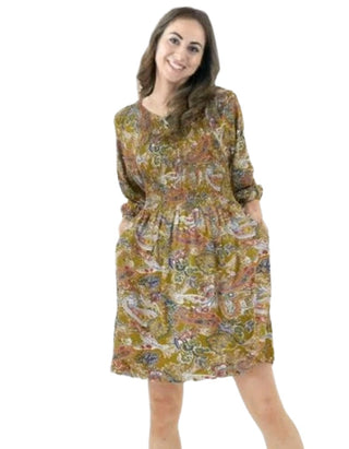 Women's Puff Sleeve Paisley Jersey Dress in Green Floral
