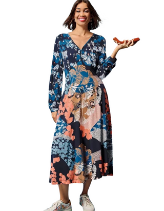 Women's Long Sleeve Megan Midi Jersey Dress in Navy Multi