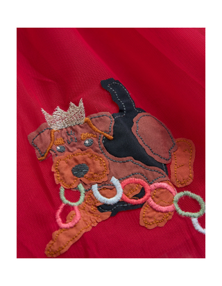 Mini Boden Girls' Velvet Tulle Applique Dress in Carmine Red Festive Dogs
