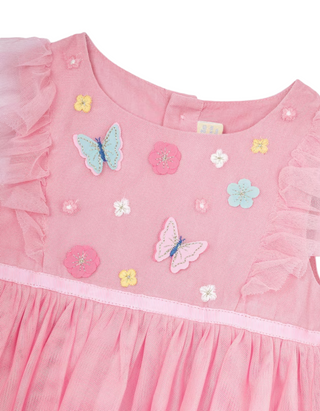 Jojo Mama Bebe Butterfly Applique Floral Tulle Party Dress in Pink