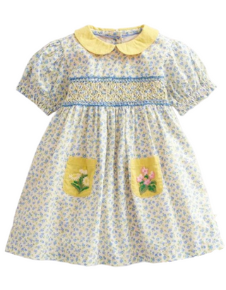 Baby Boden Girls' Smocked Ditsy Floral Printed Nostalgic Dress in Blue Blossom