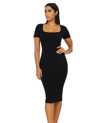 Women's Petite Size Short Sleeve Corset Square Neck Dress in Black