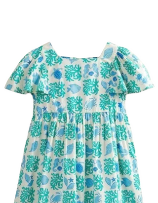 Mini Boden Girls' Printed Aqua Lagoon Flutter Dress in White Corals
