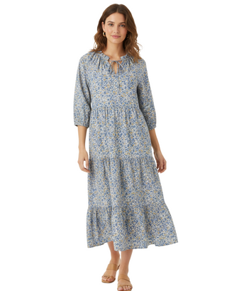 Women's Cotton Tiered Floral Midi Dress in Ditsy Blue
