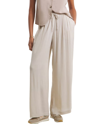 Women's Tie Waist Crinkle Wide Leg Trousers in Beige