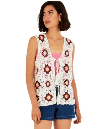 Women's Sustainable Floral Cotton Crochet Waistcoat in White Multi