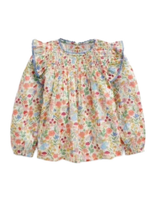 Mini Boden Girls' Long Sleeve Smocked Ruffle Blouse in Vanilla Fairies