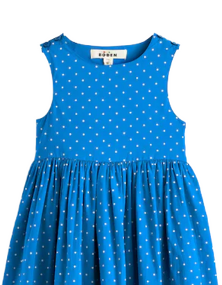 Mini Boden Girl's Zadie Applique Back Dress in Blue Spot Rainbow