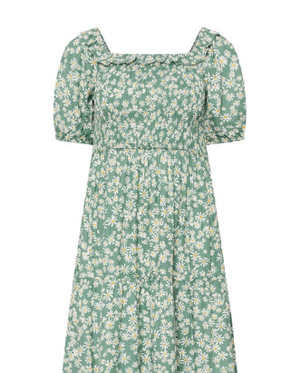 Women's Petite Size Short Puff Sleeve Bardot Dress in Green Floral