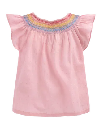 Mini Boden Girls Frilly Woven Smocked Top in Blossom Pink
