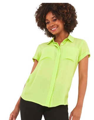 Women's Short Sleeve Patch Pocket Collared Shirt Blouse in Lime