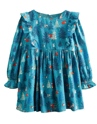 Mini Boden Girls' Frill Tiered Woven Dress in Green Forest Toile