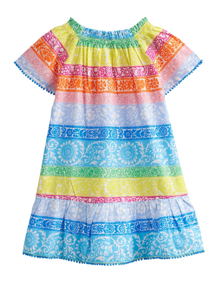 Mini Boden Girls' Wood Colourblock Printed Smocked Kaftan Dress in Multicolour