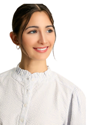 Women's Elle Blue & White Striped Frill Button-Up Blouse (Imperfect)