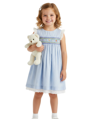 Mini Boden Girl's Smocked Lace Trim Dress in Vintage Denim (Imperfect)