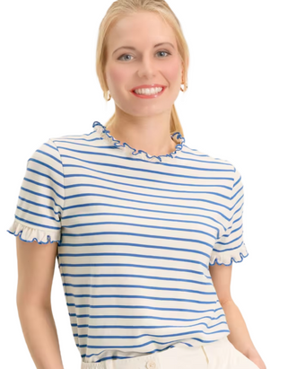 Women's Short Sleeve Cotton Frill Detail Top in Blue Stripe