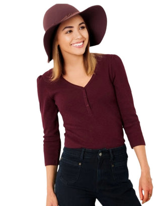 Women's Connie Henley V-neck Top in Burgundy