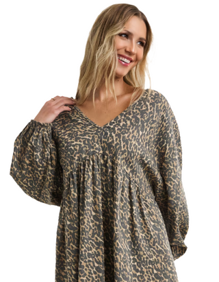 Women's Plus Size Animal Print Linen Blend Smock Dress - Brown