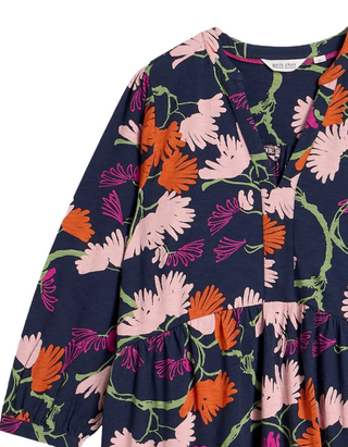 Women's Long Sleeve Marta V-Neck Jersey Tunic in Navy Abstract Floral