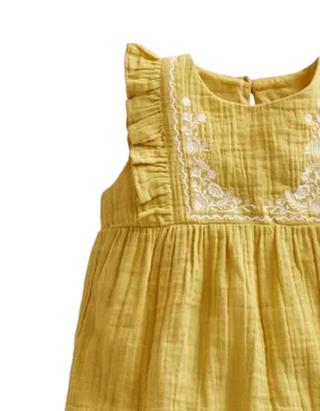 Mini Boden Girls' Embroidered Double Cloth Ruffle Top in Aqua Sea Blue/Mustard Yellow