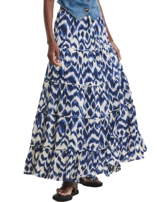 Women's Print Textured Crinkle Tiered Maxi Skirt in Blue