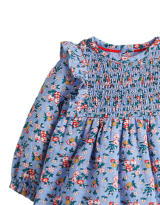 Baby Boden Girls' Fun Printed Smocked Woven Dress in Blue Spring Blooms