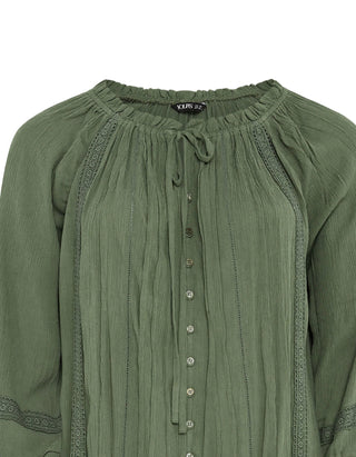 Women's Curve Crinkle Tie Neck Blouse in Khaki Green (IMPERFECT)