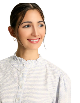 Women's Elle Blue & White Striped Frill Button-Up Blouse