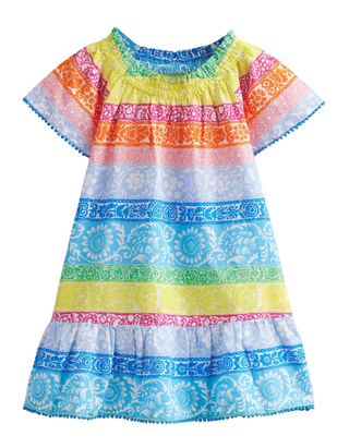 Mini Boden Girls' Wood Colourblock Printed Smocked Kaftan Dress in Multicolour