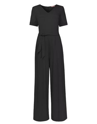 Women's Short Sleeve Jersey Wide Leg Jumpsuit in Black