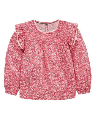 Mini Boden Girls' Long Sleeve Smocked Ruffle Blouse in Red Woodlands