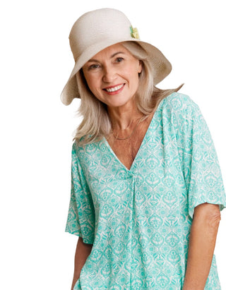 Women's V-Neck Crinkle Top in Blue Print